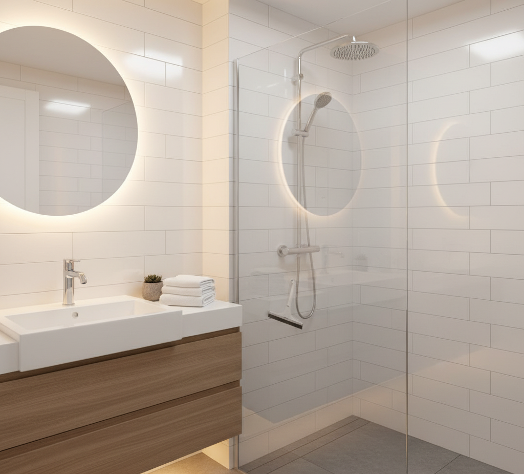imagen de un baño limpio y ordenado, donde puedes apreciar los azulejos, grifos y mamparas relucientes