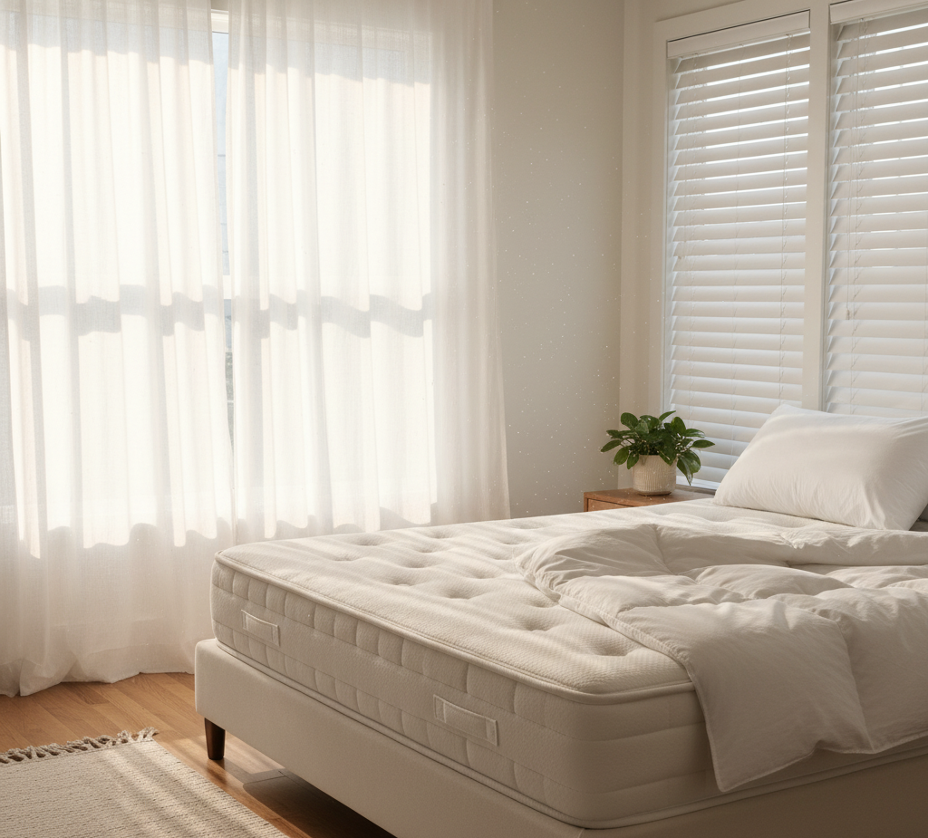imagen que evoca un ambiente recién limpiado, con cortinas ligeras y un colchón impecable