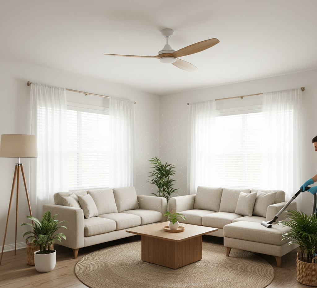 habitación con una lámpara, un ventilador de techo y muebles organizados, transmitiendo una sensación de orden y limpieza